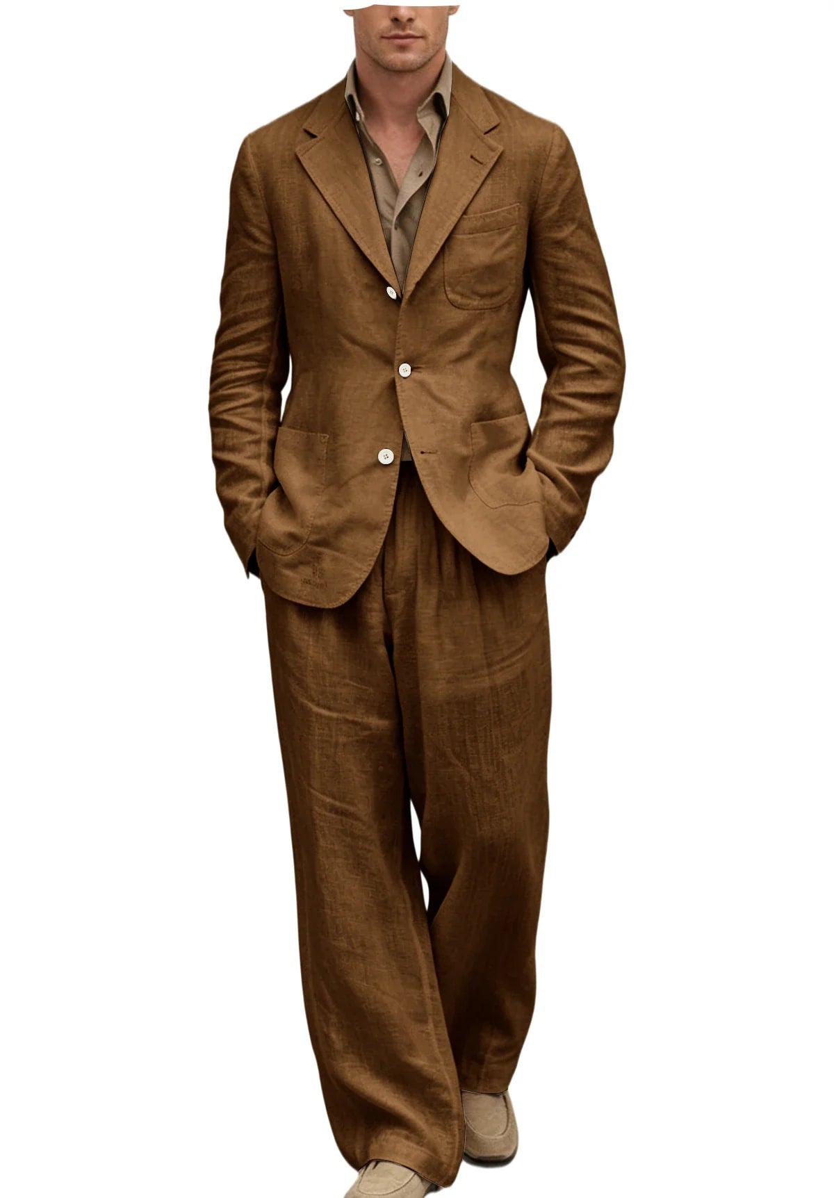 Men's Linen Suit 2 Pieces Set Casual Blazer & Wide Leg Pants Notch Lapel Breathable Wedding Business Party Jacket Tuxedo Summer