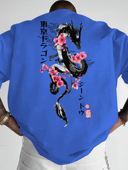 Japanese Style Dragon Cherry Blossom Print 100% Cotton Men Women T-shirt Summer Autumn Daily Sports Casual Loose Short-sleeve