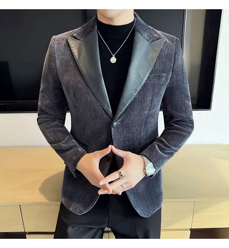 Splicing Leather Neck Fashion Suit Jacket Luxury Men's Business Slim Fit Social Formal Blazers Coats Wedding Groom Tuxedos 5XL-M