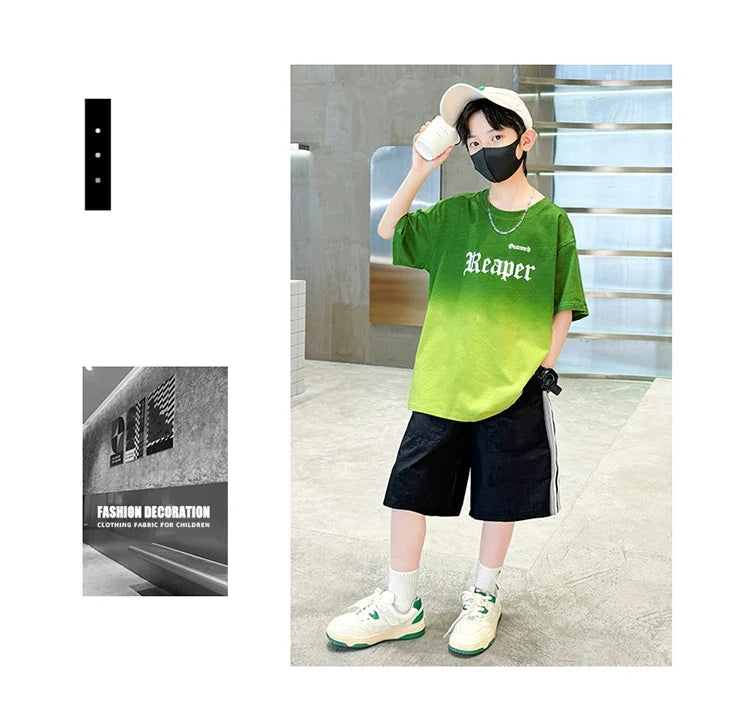 Children Summer Set for Boy Cotton Short Sleeve T-shirt And Shorts Clothing Set Kids Hip Hop Rapper Outfit Suit 2 Pcs Tracksuit
