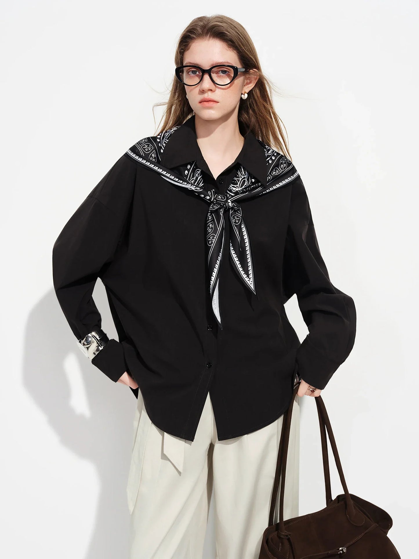 Vintage Print Long Sleeve Blouse for Women with Silk Scarf Collar Turned-Up Collar Commute Casual 2026 New Arrival Shirts