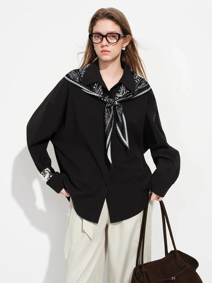 Vintage Print Long Sleeve Blouse for Women with Silk Scarf Collar Turned-Up Collar Commute Casual 2026 New Arrival Shirts