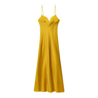 2025 Women Red V-Neck Holiday Style Satin Texture Long Dress Sleeveless Summer Women's Back Zipper Fashion Sling Dresses