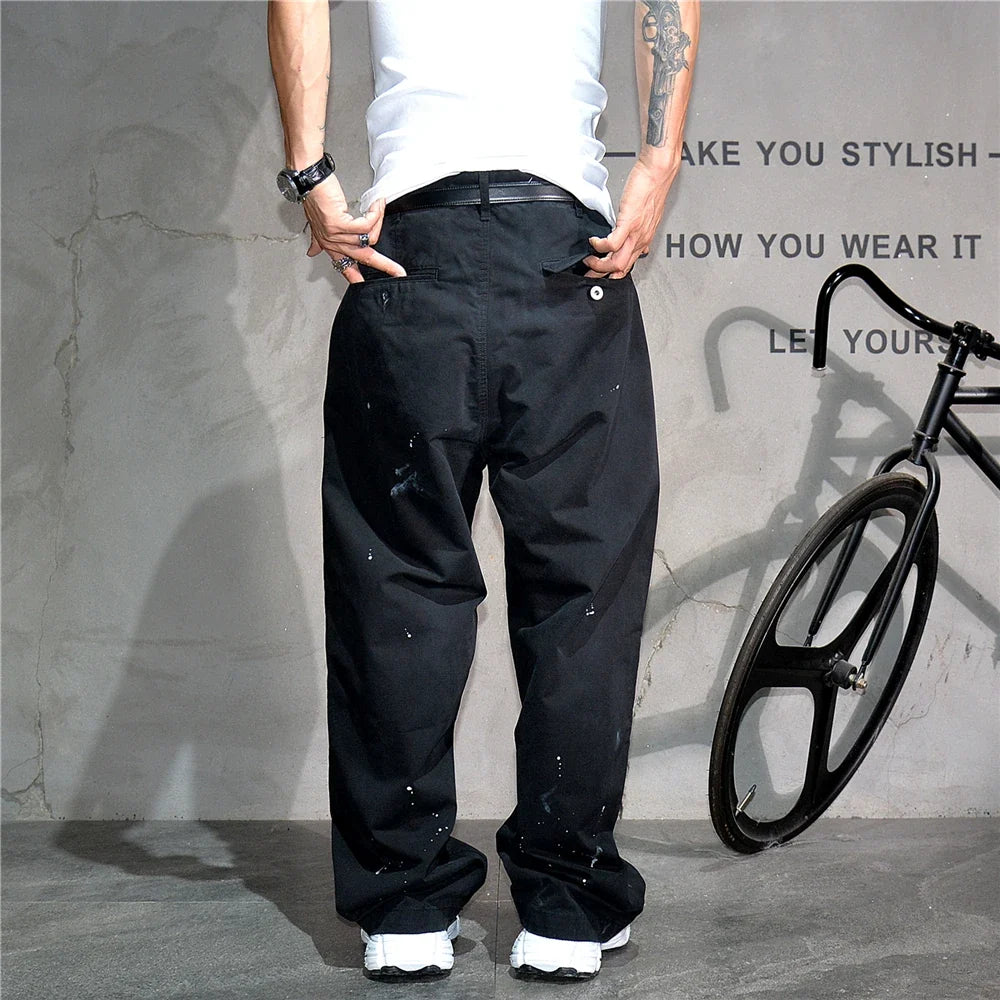 ‌Japanese Premium Vintage Distressed Paint Splash Cargo Pants Men Streetwear Loose Casual Straight Leg Haram Trousers Trendy