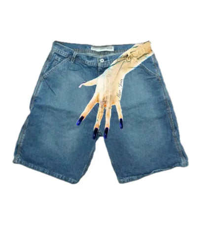 Deeptown Y2k Vintage Harajuku Denim Shorts Women Washed Letter Embroidery Tassels American Retro Jeans Man Baggy Hip Hop Jorts