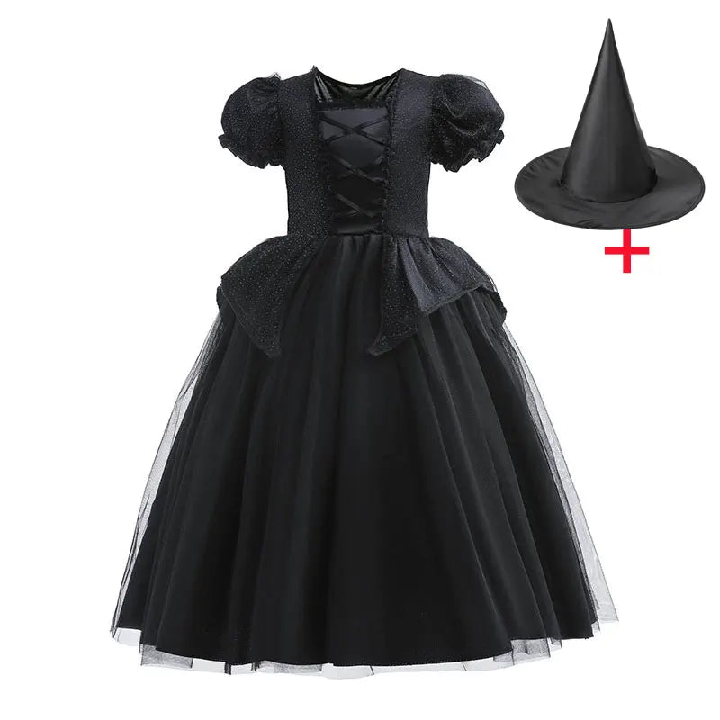 Deluxe Witch Uniform Girl Halloween Costume Evil Wizard Dress with Witch Hat Kid All Saint Day Stage Performance Apparel Vestido