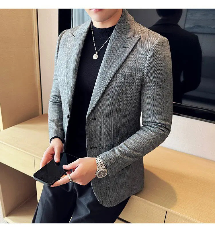Men's Herringbone Stripe Suit Blazer Classic Lapel Dress Jacket Elegant Slim Fit Fashion Simple Casual Business Prom Suit Jacket