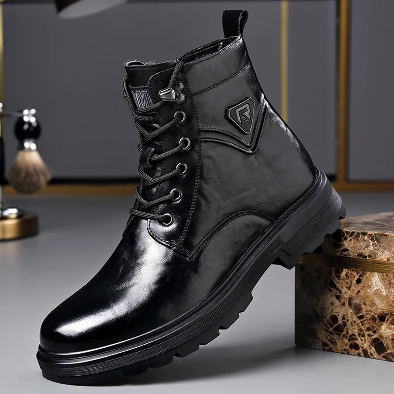 British Style Mens Winter Platform Snow Boots Fashion Genuine Leather Outdoor Antiskid Walking Ankle Boots Mens High Top Boots