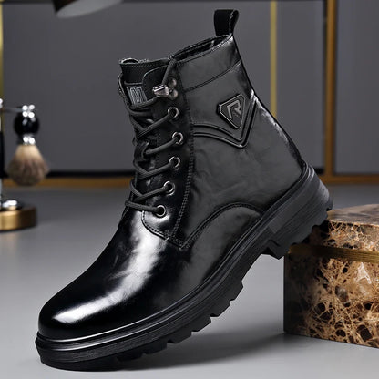 British Style Mens Winter Platform Snow Boots Fashion Genuine Leather Outdoor Antiskid Walking Ankle Boots Mens High Top Boots