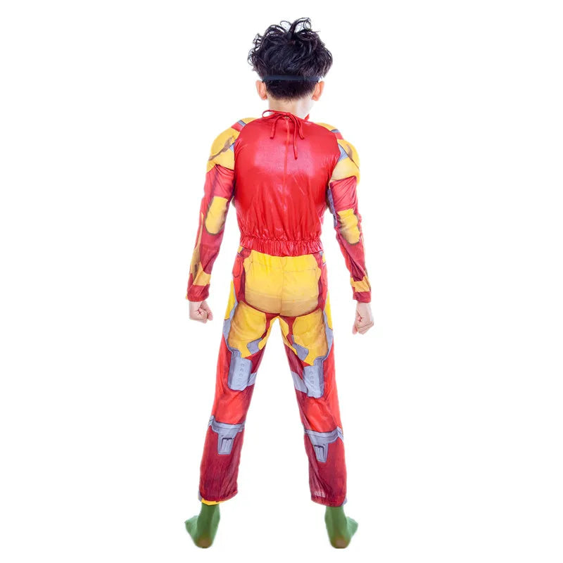 Kids Yellow Iron  Costume Superhero Muscle Suit with Mask Role Play Costume for Halloween Christmas Party Performance