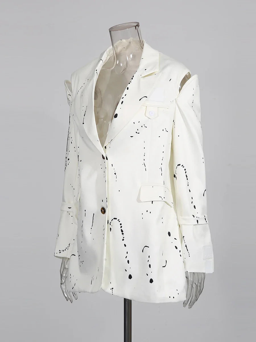 Ink Splashing Print Fashion Blazer for Women Notched Collar Long Sleeve Hollow Out Design Loose Coat Female Autumn