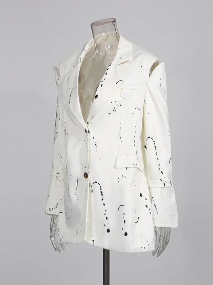 Ink Splashing Print Fashion Blazer for Women Notched Collar Long Sleeve Hollow Out Design Loose Coat Female Autumn