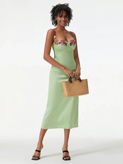 Satin Sling Bodycon Long Dress Women Flower Embroidery Sleeveless Spaghetti Strap Cocktail Dress Summer Party Club Skinny Dress
