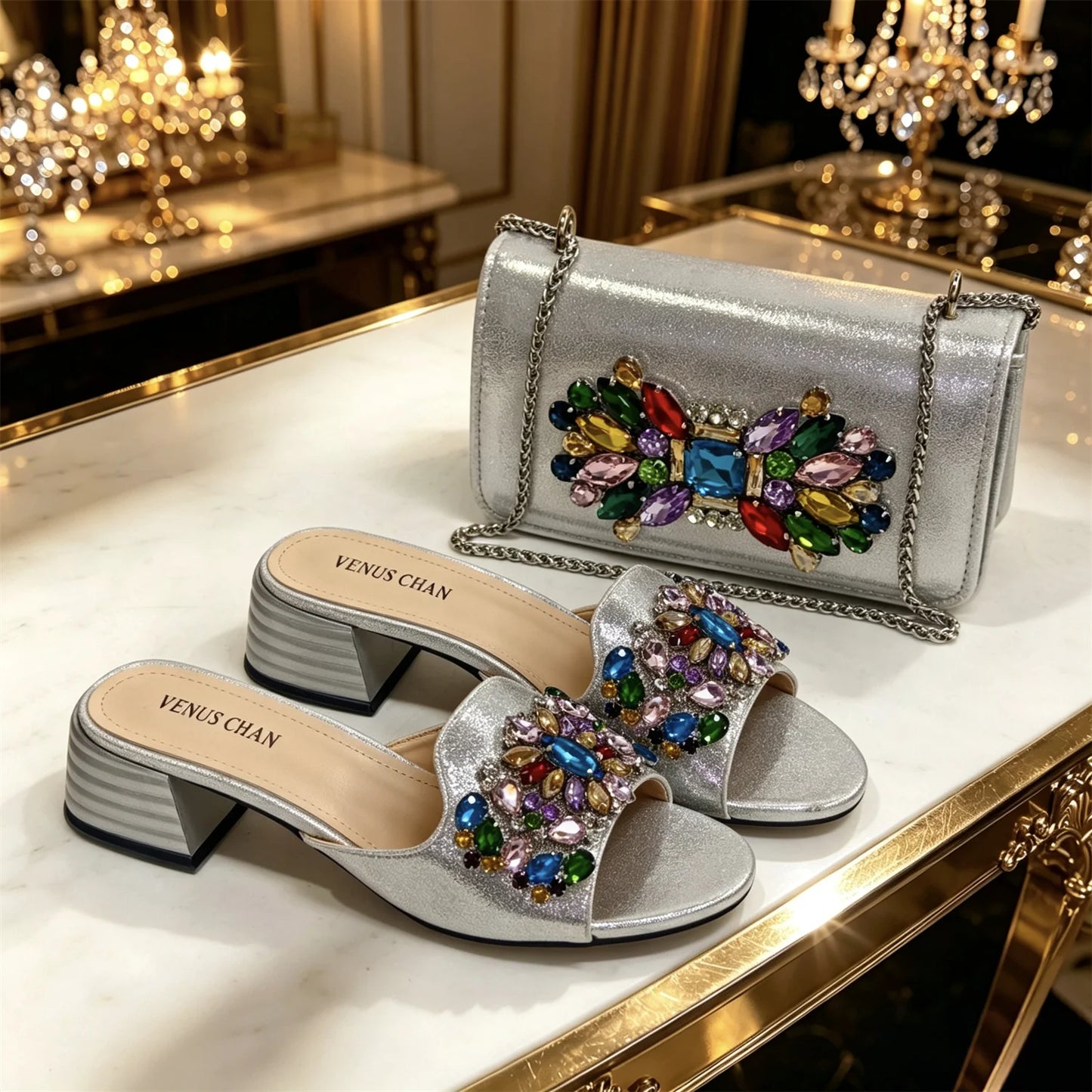 2026 Silver Rhinestone Mules Matching Bag Set Women Peep Toe Block Heel Sandals Wedding Evening Crossbody Handbag