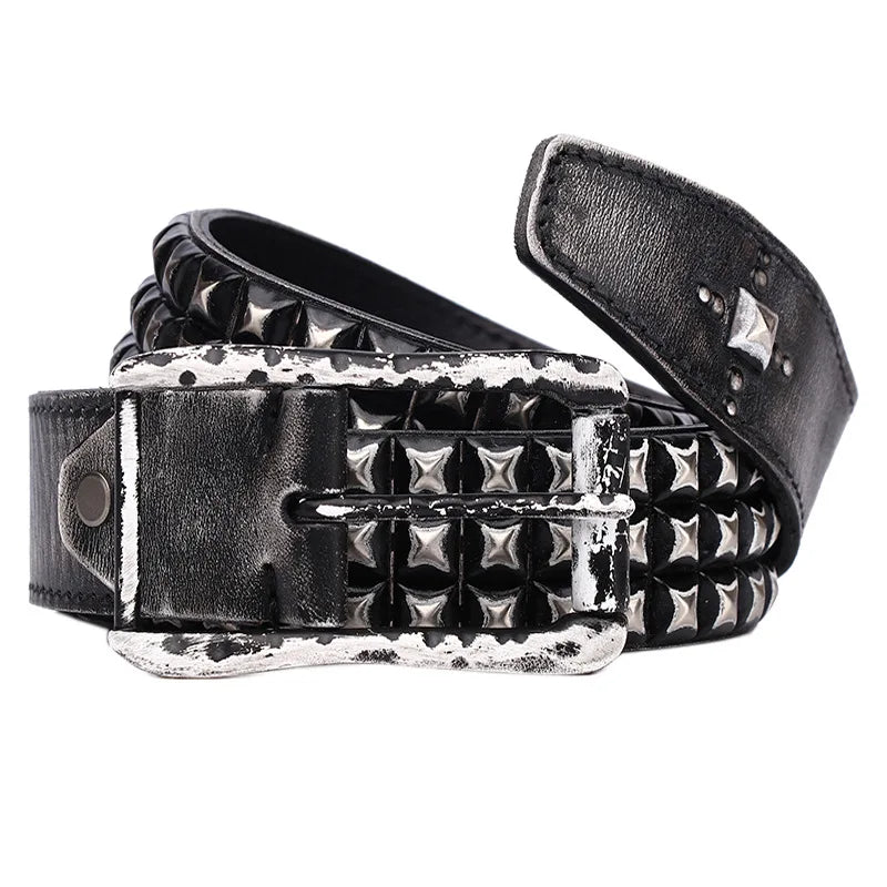 3.8CM Retro Real Genuine Leather Belt Luxury Thick Rivet Belts Men Leather Vintage Strap Male Wide Jeans Ceinture Black Waist