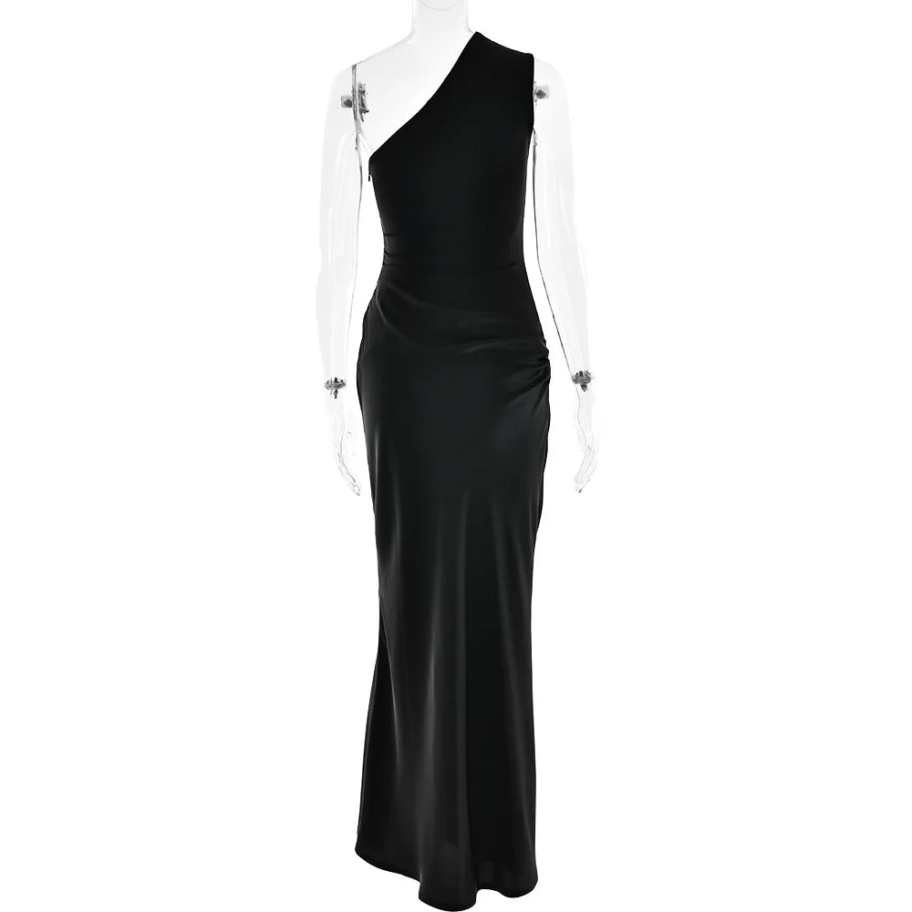 Patchwork Satin Sexy Dress Women One Shoulder Brown Sleeveless Evening Maxi Dress 2025 New Summer Elegant Party Clubwear Dresses