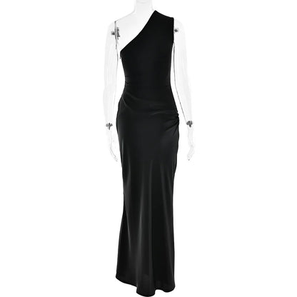 Patchwork Satin Sexy Dress Women One Shoulder Brown Sleeveless Evening Maxi Dress 2025 New Summer Elegant Party Clubwear Dresses