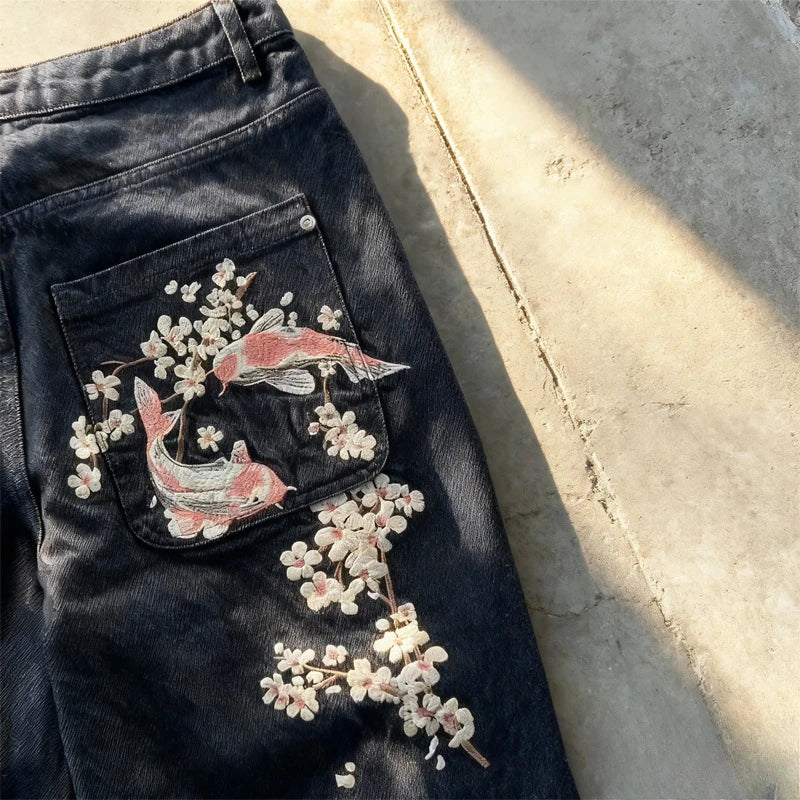 Y2K Harajuku Jeans Vintage Cherry Blossom Selvedge Denim Pants Hip Hop Gothic men women denim fabric wide leg pants streetwear