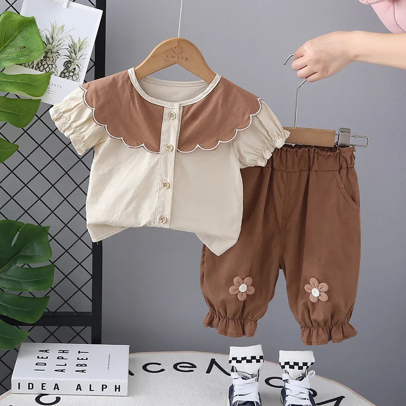 New Toddler Summer Baby Girls Clothes Suits Children Big Wave Lapel Shirt +Flower Cropped Pants 2Pcs/Set Infant Fashion Clothing