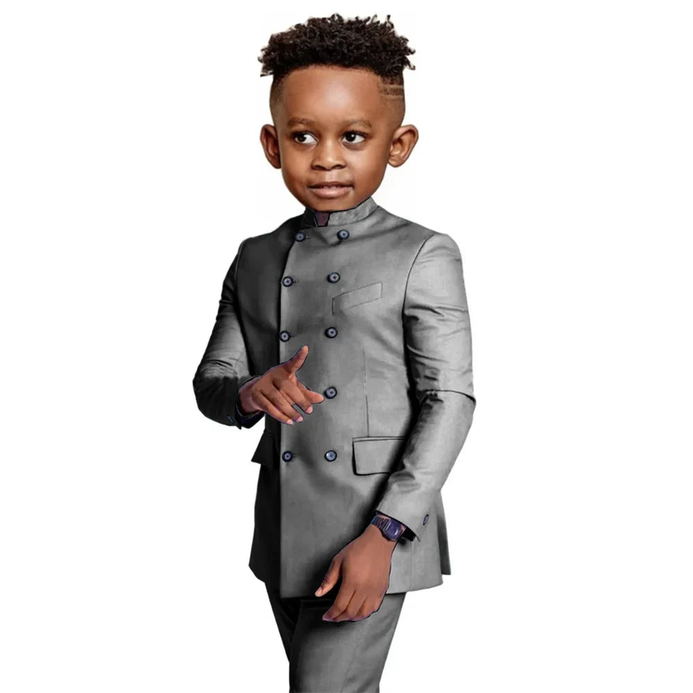 Stylish Elegant Boys Stand-up Collar Suits 2 Pieces Jacket Pants Formal Party Wear Double Breasted Kids Suit Set 2-20T