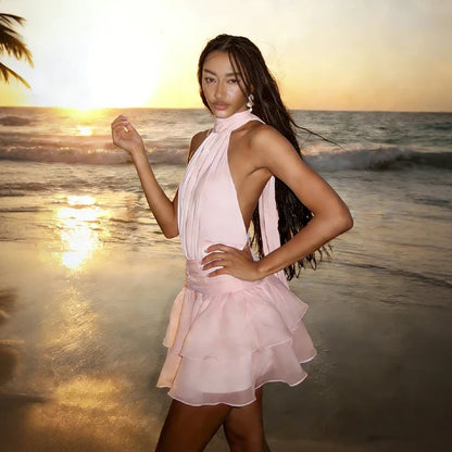 Chiffon Halter Ruched Ribbon Slim Fit Tiered Mini Dress Women'S Fashion Sexy Elegant Dress Party Vacation Summer Clothes