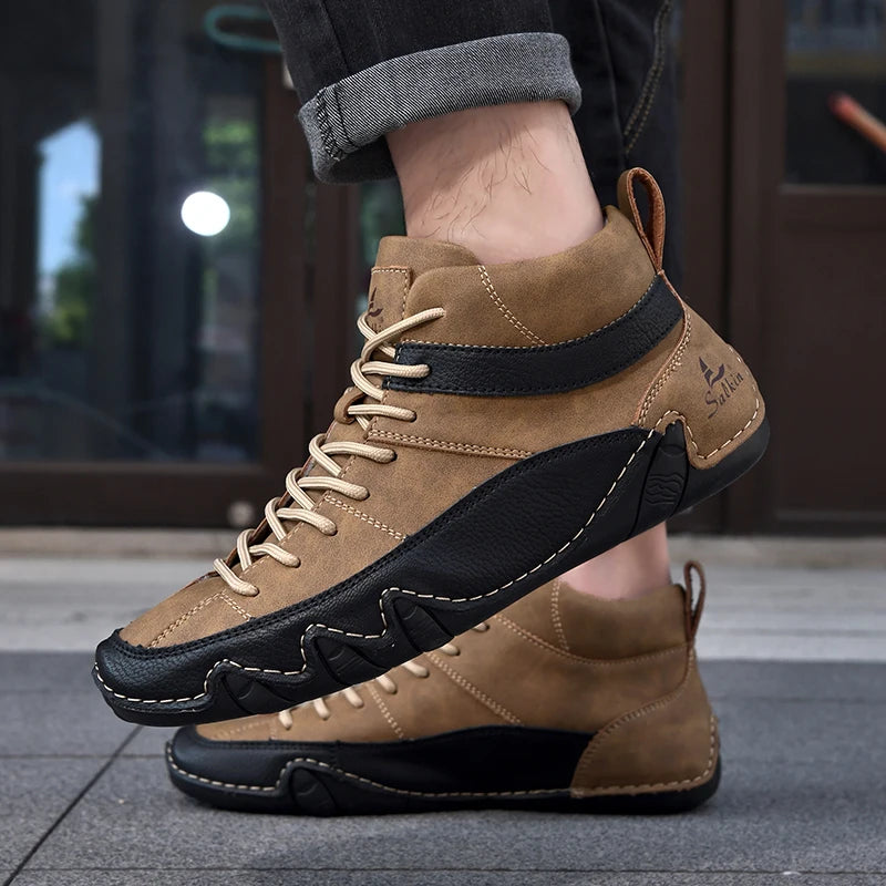 New Autumn 2024 Handmade Leather Men Boots Design Sneakers Man Breathable Casual Leather Shoes Men Ankle Boots Outdoor Fashion