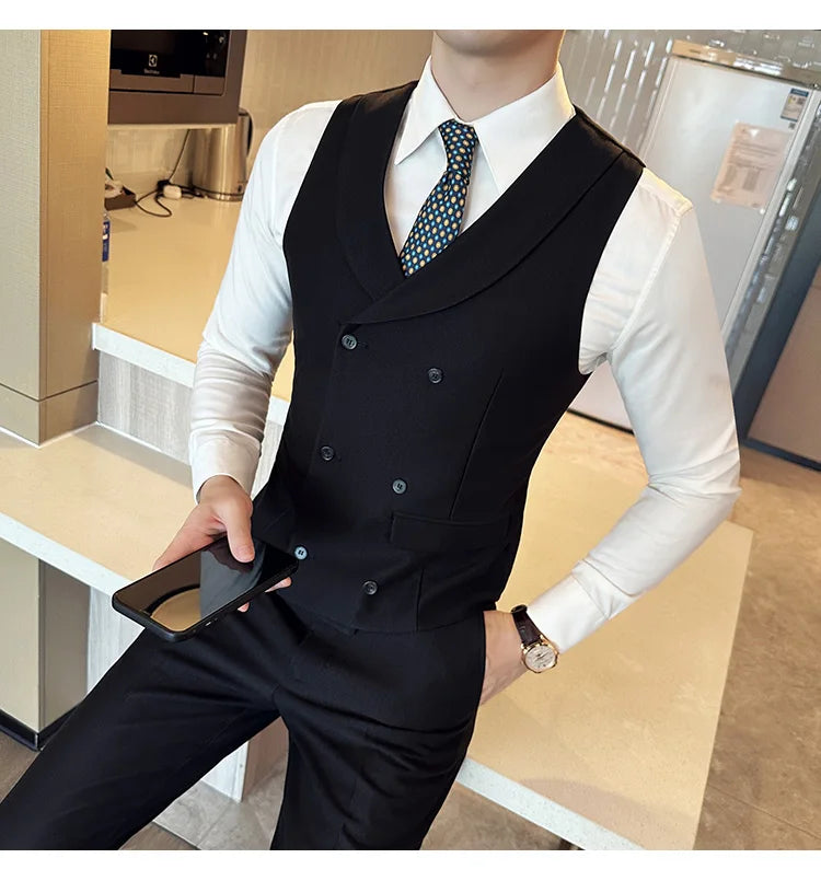 ( Vest + Pants) Men's Double-breasted Suit Vest 2 Pieces Set High Quality Business Casual Fashion Groom Wedding Dress Vest Sets