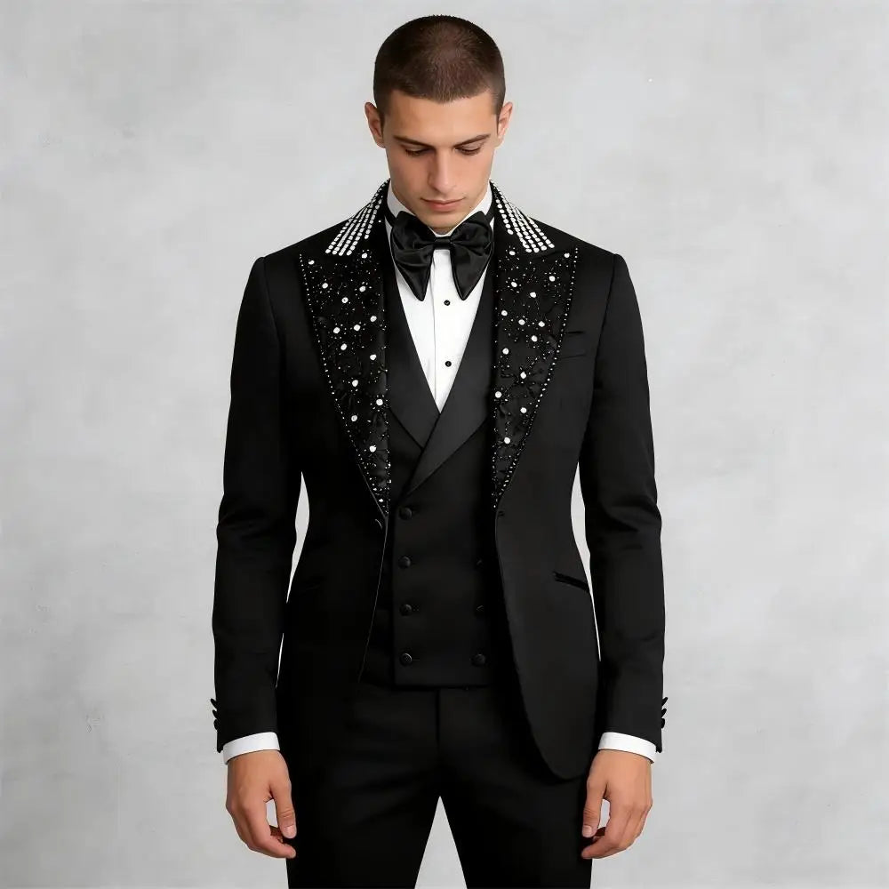 Black Suit Sets For Men Fashion Beaded Crystals Blazer Vest Pants 3 Pieces Formal Wedding Party Tailor-made Slim Fit Costumes
