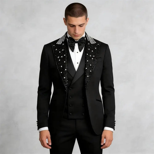 Black Suit Sets For Men Fashion Beaded Crystals Blazer Vest Pants 3 Pieces Formal Wedding Party Tailor-made Slim Fit Costumes
