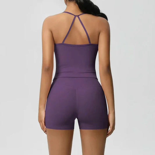 Women's yoga exercise set, popular slim shoulder yoga vest paired with high waisted, waist hugging, naked yoga three part shorts