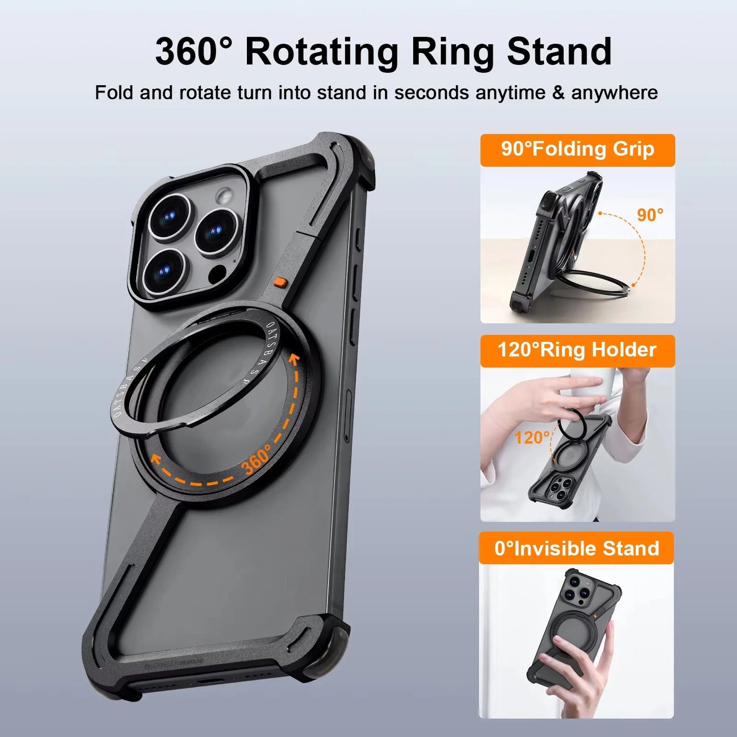Z Case for iPhone 16 15 14 13 12 Pro Max for Magsafe 360°Rotatable Magnetic Kickstand Metal Frameless Bumper Phone Cover