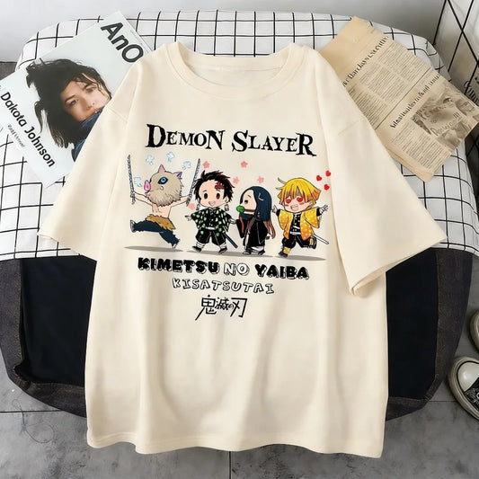 Plus Size Demon Slayer Summer Anime Printed Men, Women T-shirt Casual Parent Child Top Fashion Street Wear Harajuku Style Y2K