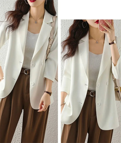 Women Solid Blazers Coat Fashion Slim Suits Female Casual Three-Quarter Sleeve Chic Tops Thin Office Lady Blazer Spring Summer