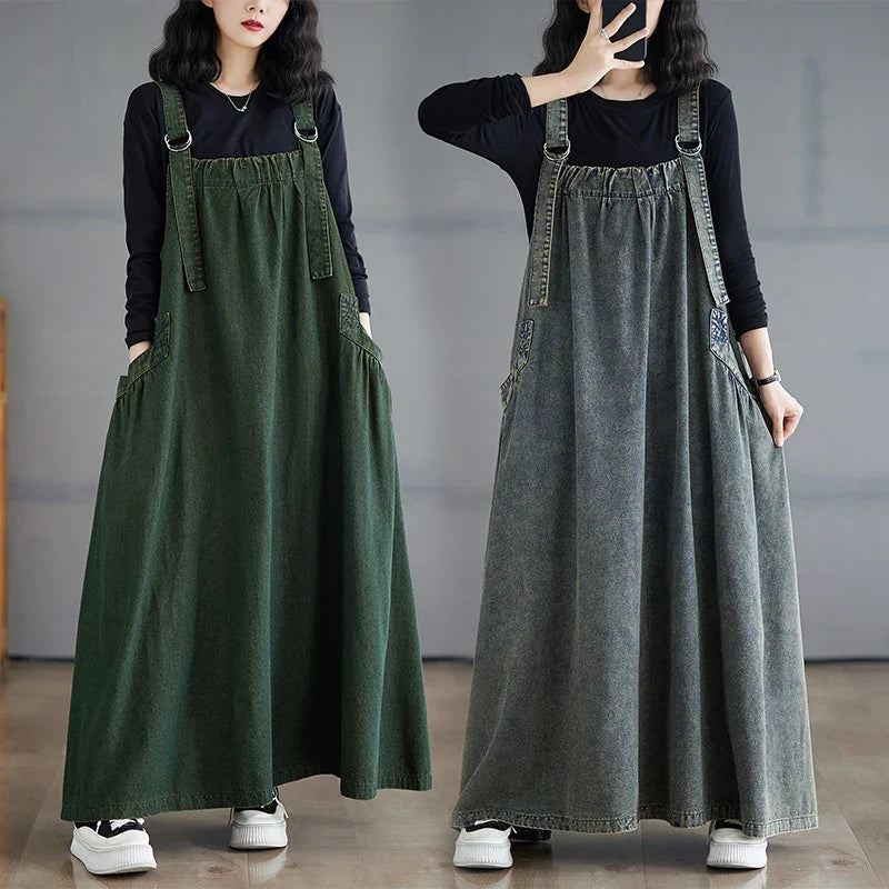 Retro Crtsmanip Loose Fit Slimming Denim Overalls Long Skirt Dr Spring Summer Autumn Winter A-Line Straight Cut Gown