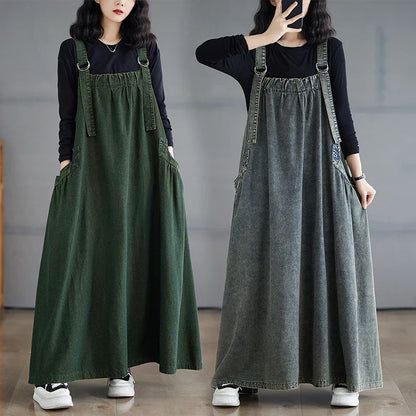 Retro Crtsmanip Loose Fit Slimming Denim Overalls Long Skirt Dr Spring Summer Autumn Winter A-Line Straight Cut Gown