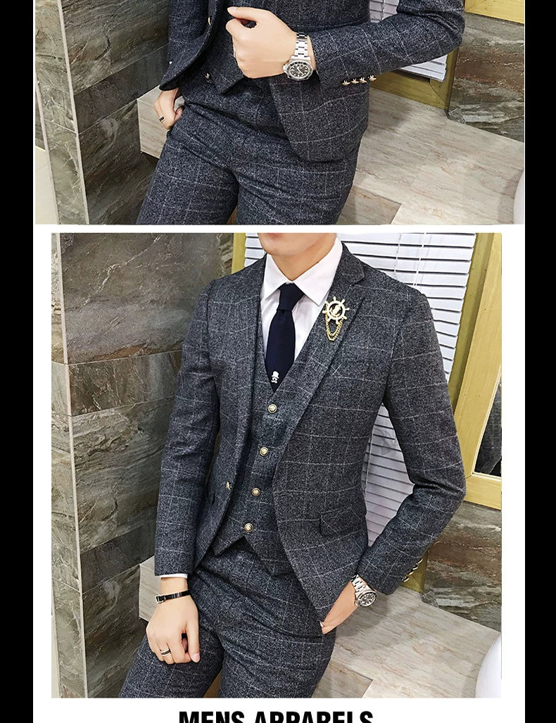( Jacket + Vest + Pants ) Men's England Plaid Casual Suit Mens Classic Single Button Official Suit Groom Wedding Dress Suit