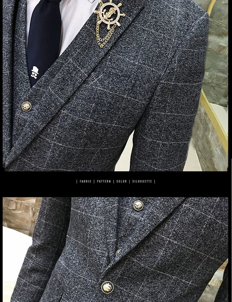 ( Jacket + Vest + Pants ) Men's England Plaid Casual Suit Mens Classic Single Button Official Suit Groom Wedding Dress Suit