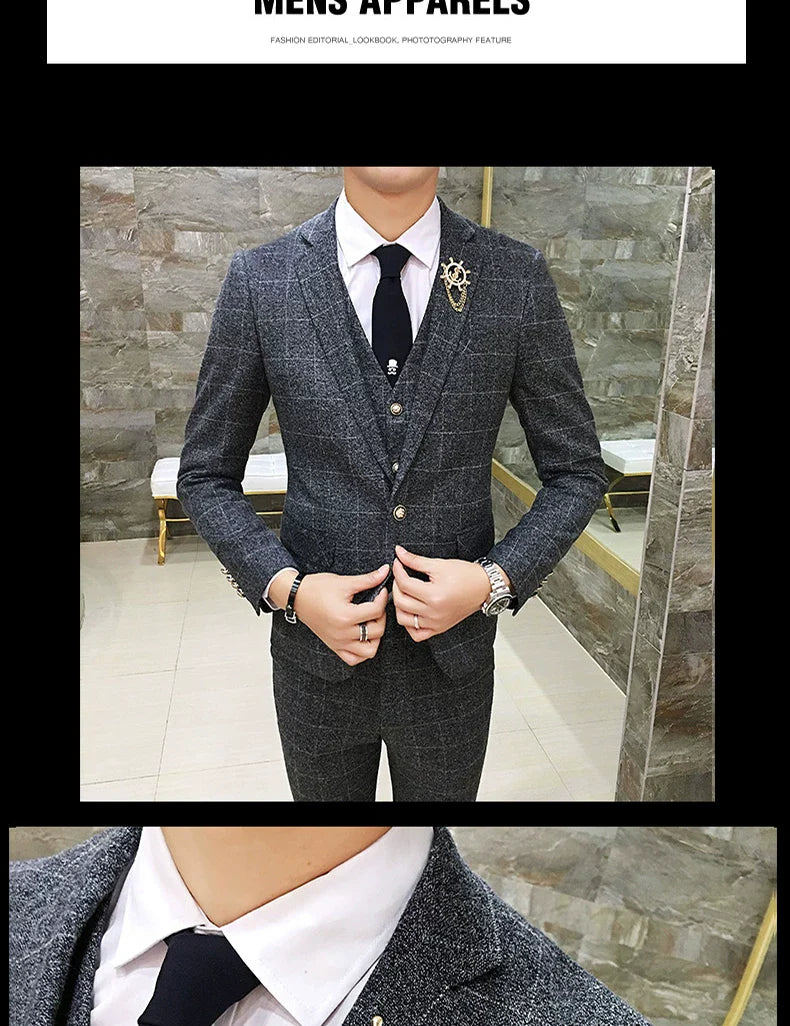 ( Jacket + Vest + Pants ) Men's England Plaid Casual Suit Mens Classic Single Button Official Suit Groom Wedding Dress Suit