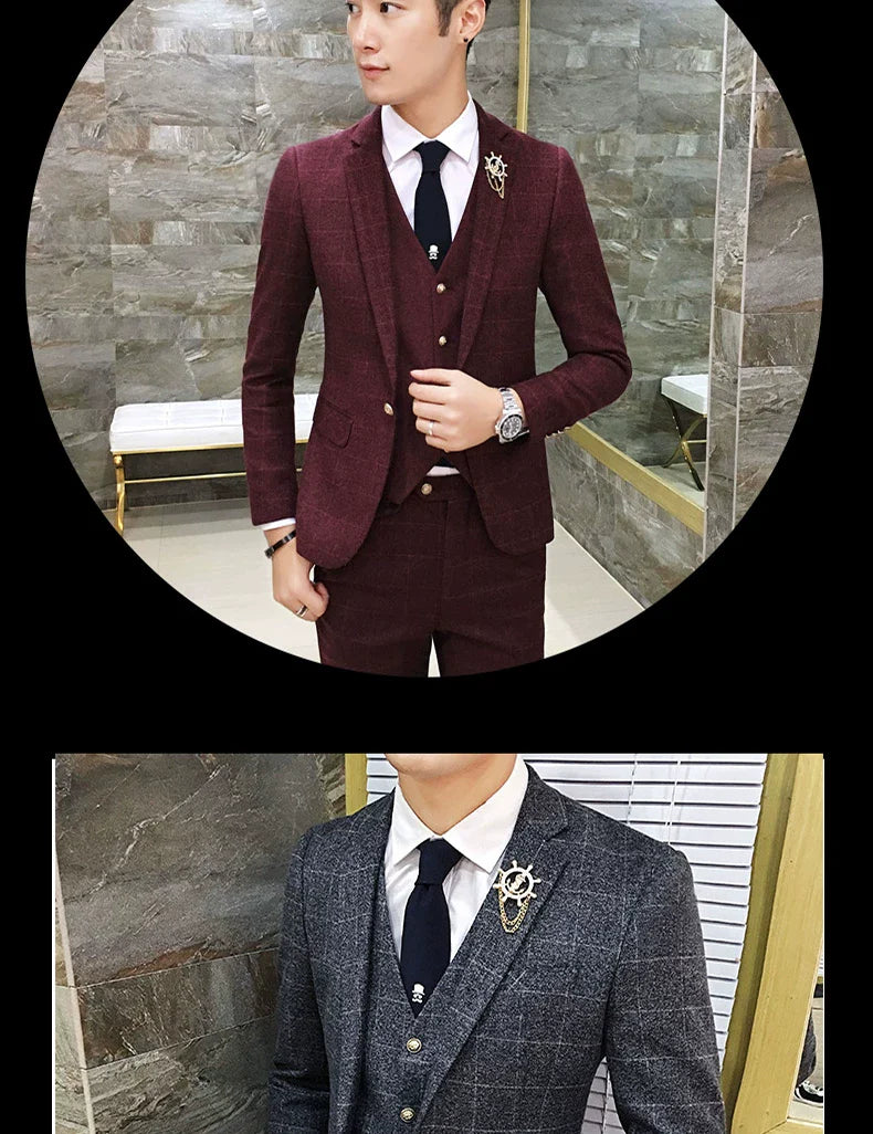 ( Jacket + Vest + Pants ) Men's England Plaid Casual Suit Mens Classic Single Button Official Suit Groom Wedding Dress Suit