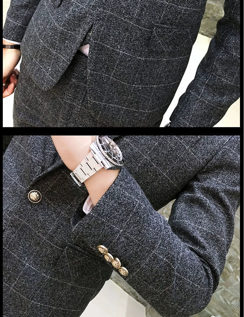 ( Jacket + Vest + Pants ) Men's England Plaid Casual Suit Mens Classic Single Button Official Suit Groom Wedding Dress Suit