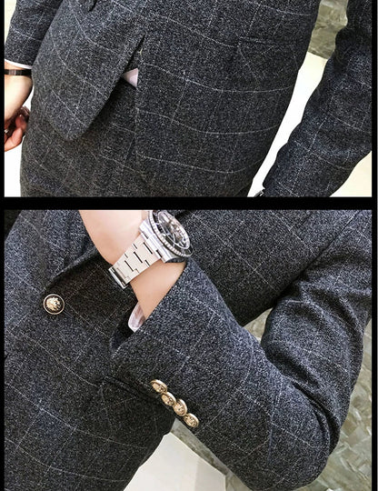 ( Jacket + Vest + Pants ) Men's England Plaid Casual Suit Mens Classic Single Button Official Suit Groom Wedding Dress Suit