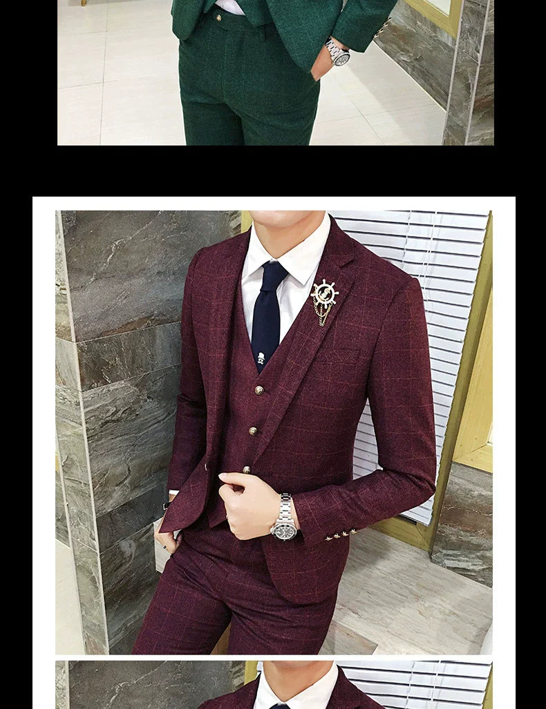 ( Jacket + Vest + Pants ) Men's England Plaid Casual Suit Mens Classic Single Button Official Suit Groom Wedding Dress Suit