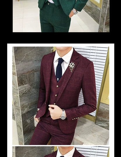 ( Jacket + Vest + Pants ) Men's England Plaid Casual Suit Mens Classic Single Button Official Suit Groom Wedding Dress Suit