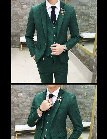 ( Jacket + Vest + Pants ) Men's England Plaid Casual Suit Mens Classic Single Button Official Suit Groom Wedding Dress Suit