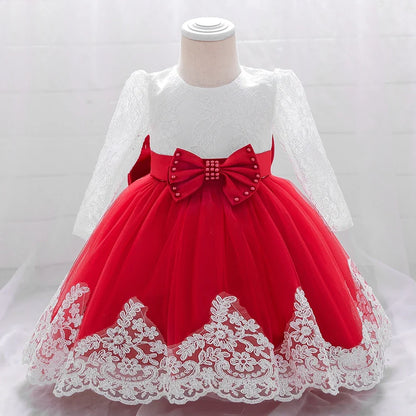 Long Sleeve Baby Girls Dress Newborn White Baptism Tulle Party Wedding 1st Birthday Princess Dresses Infant Girls Bow Prom Gown