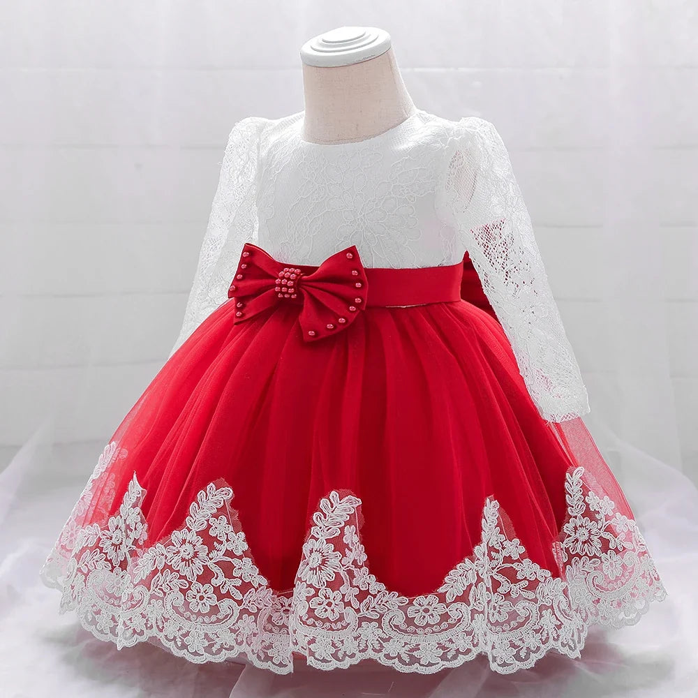 Long Sleeve Baby Girls Dress Newborn White Baptism Tulle Party Wedding 1st Birthday Princess Dresses Infant Girls Bow Prom Gown