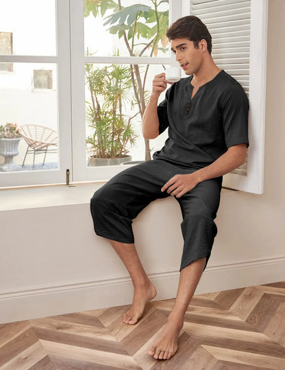 Summer Cotton Linen Shirt Set Men's Casual Outdoor 2-Piece Suit Andhome Clothes Pajamas Comfy Breathable Beach Short Sleeve Sets
