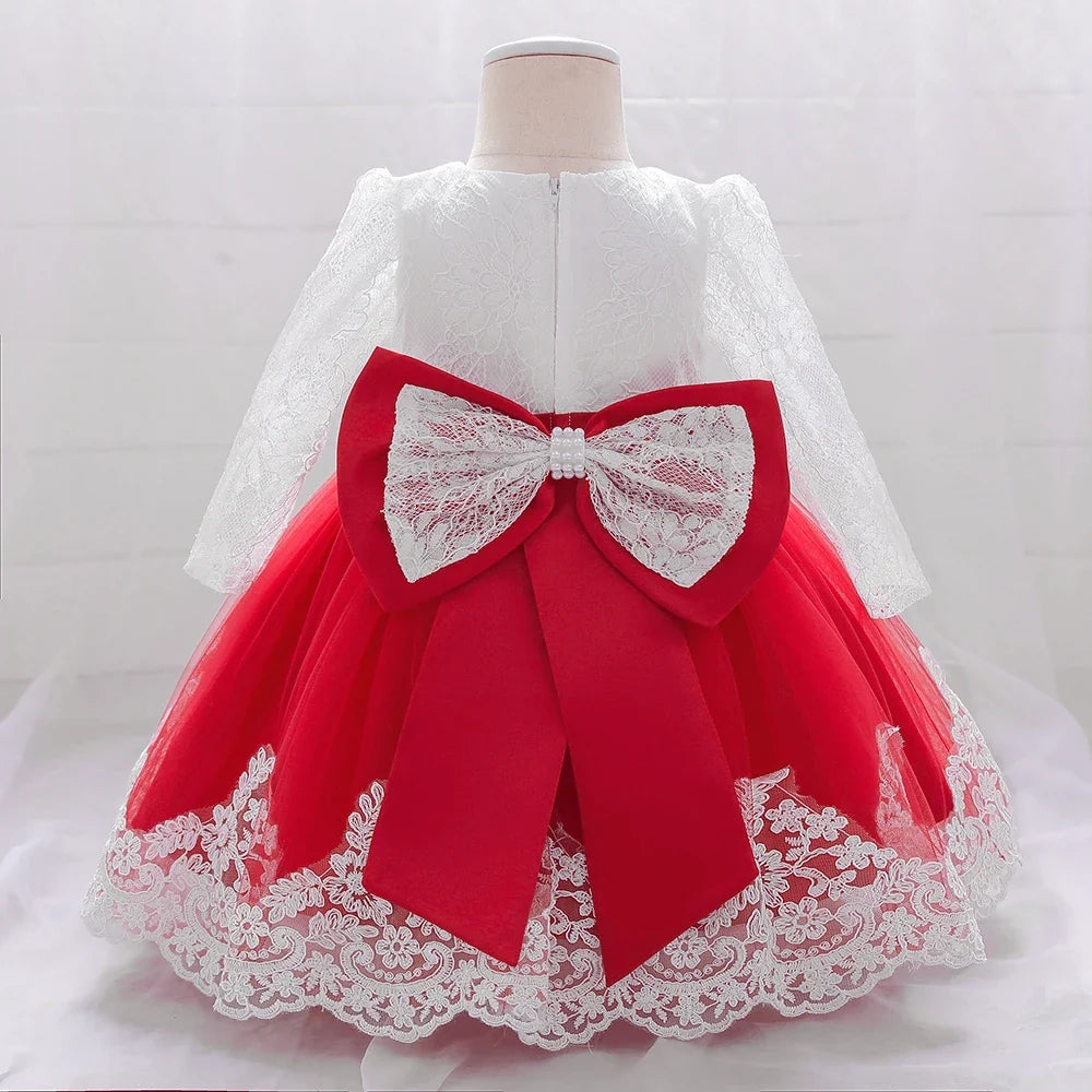 Long Sleeve Baby Girls Dress Newborn White Baptism Tulle Party Wedding 1st Birthday Princess Dresses Infant Girls Bow Prom Gown