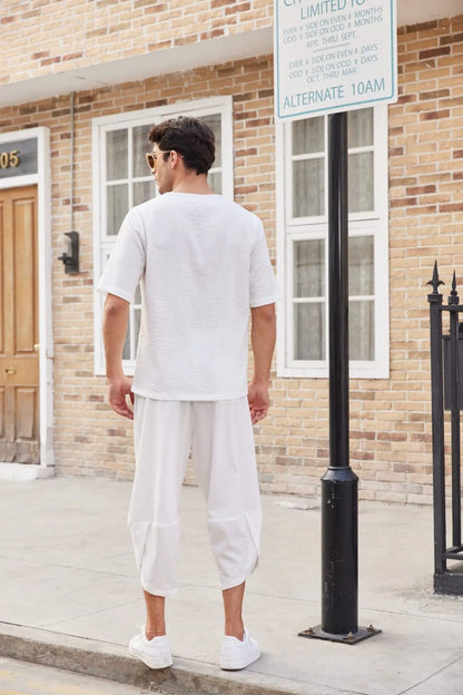 Summer Cotton Linen Shirt Set Men's Casual Outdoor 2-Piece Suit Andhome Clothes Pajamas Comfy Breathable Beach Short Sleeve Sets