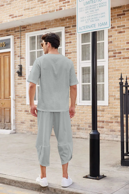 Summer Cotton Linen Shirt Set Men's Casual Outdoor 2-Piece Suit Andhome Clothes Pajamas Comfy Breathable Beach Short Sleeve Sets